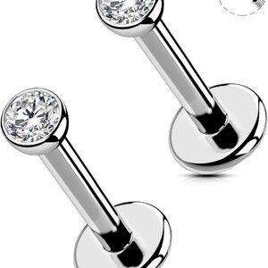 2Pcs 20G/18G/16G G23 Titanium Threadless Nose Stud Earrings Flat Back Tiny CZ Sm
